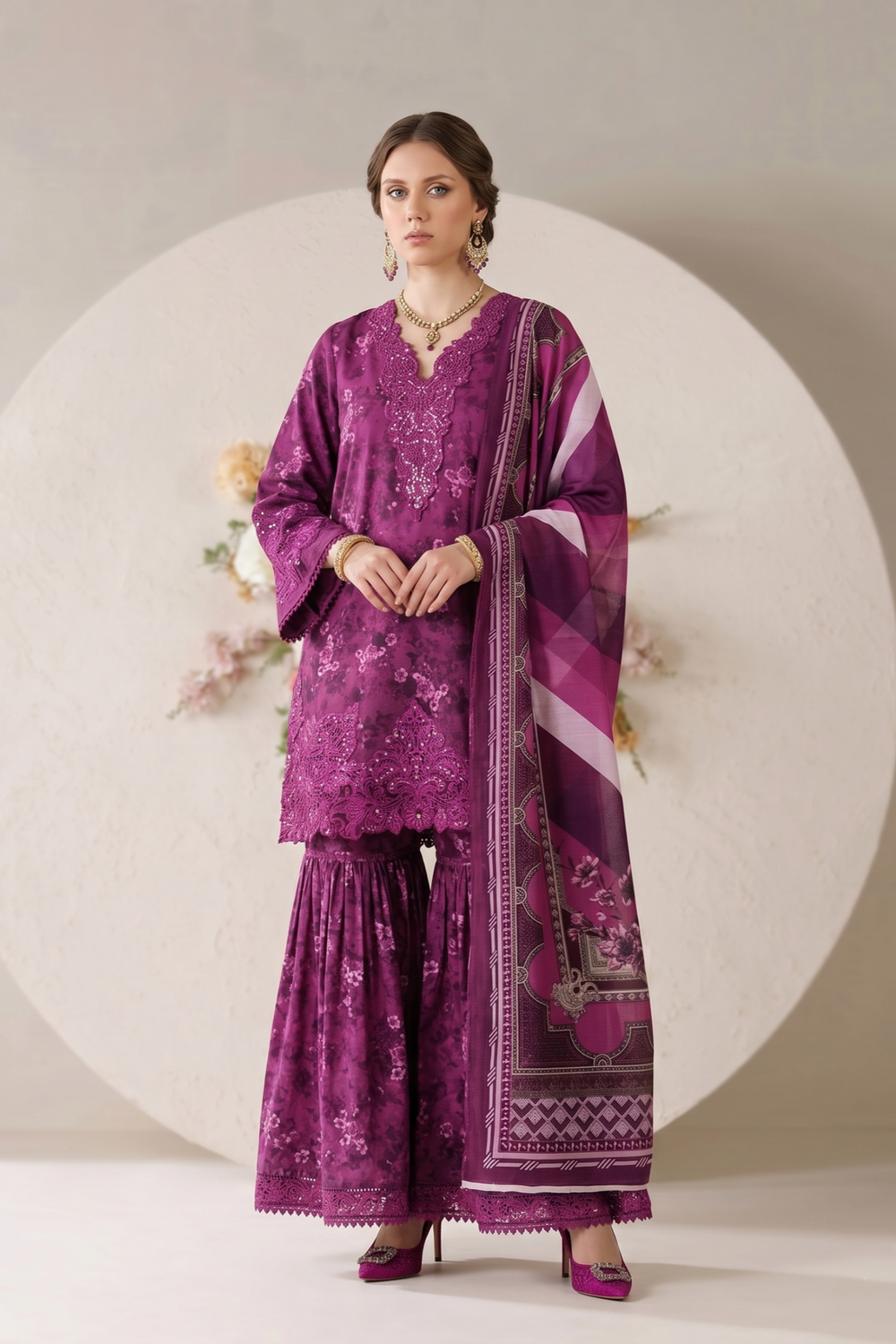 Purple Embroidered Lawn Gharara Suit Online in Dubai UAE Abudhabi Ajman Sharjah
