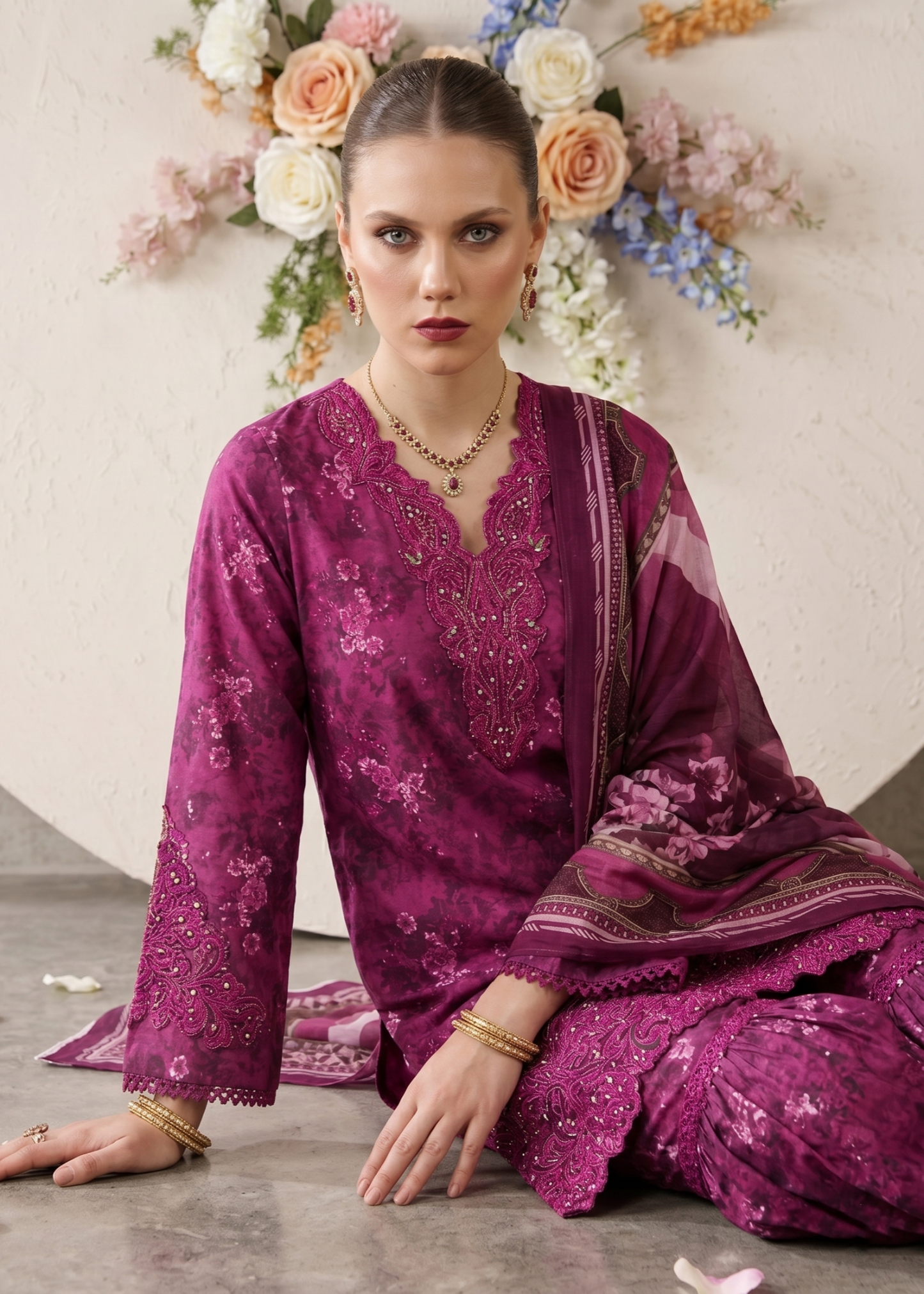 Purple Embroidered Lawn Gharara Suit Online in Dubai UAE Abudhabi Ajman Sharjah