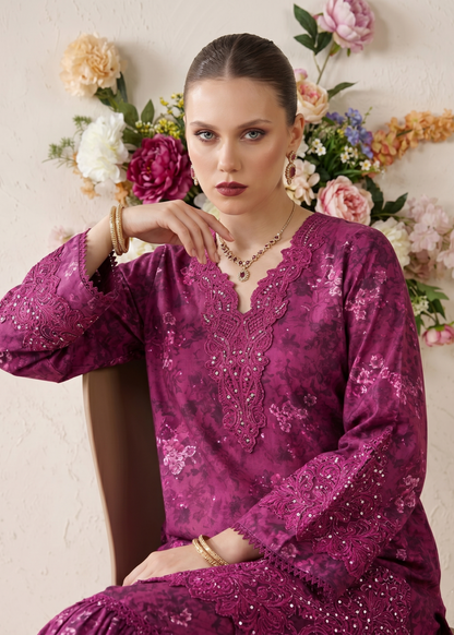 Purple Embroidered Lawn Gharara Suit Online in Dubai UAE Abudhabi Ajman Sharjah