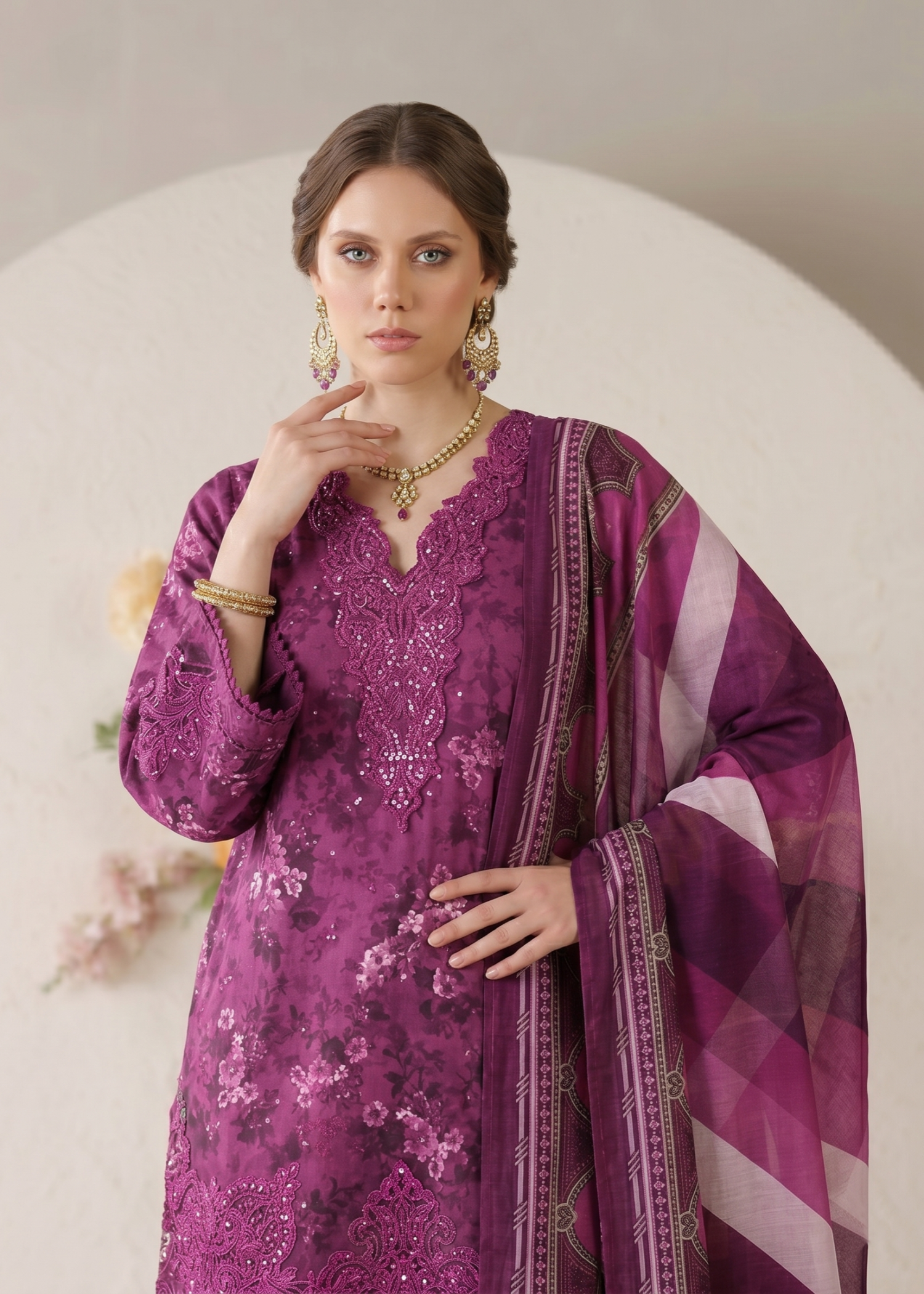 Purple Embroidered Lawn Gharara Suit Online in Dubai UAE Abudhabi Ajman Sharjah