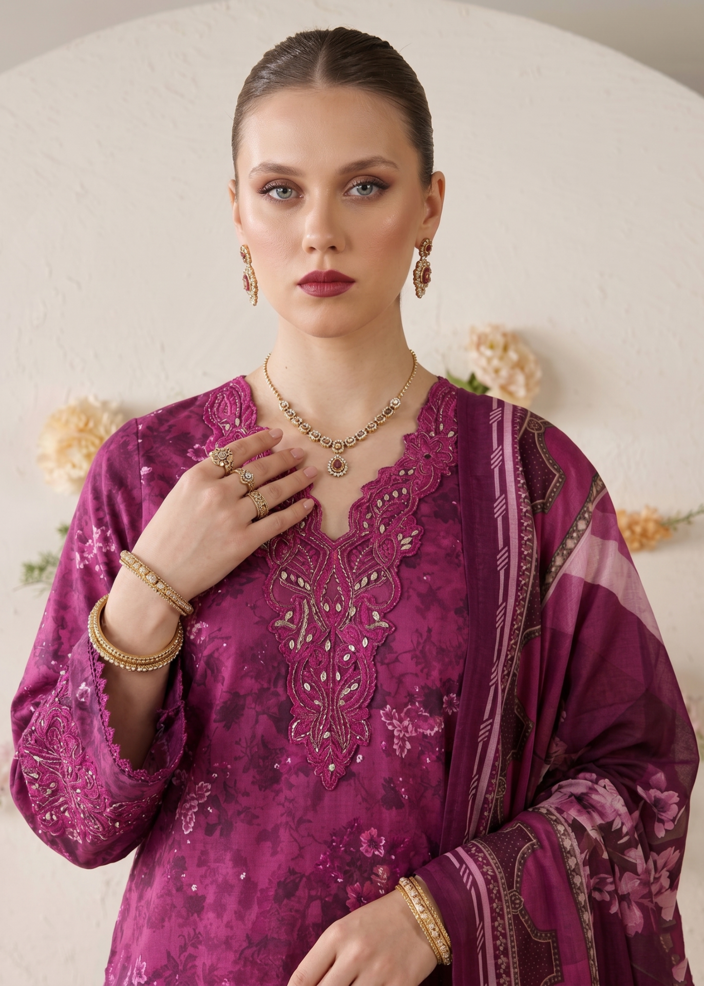 Purple Embroidered Lawn Gharara Suit Online in Dubai UAE Abudhabi Ajman Sharjah
