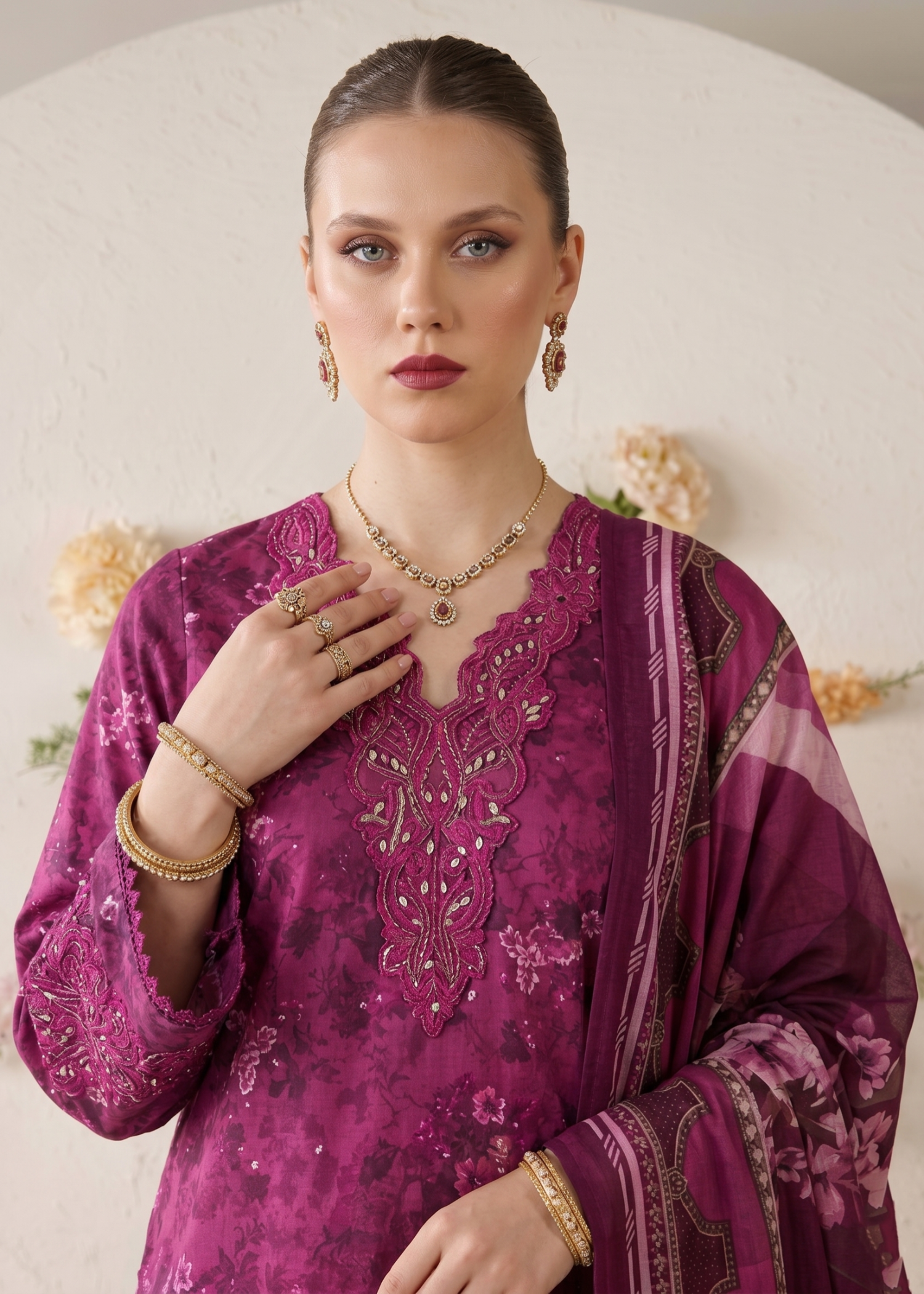 Purple Embroidered Lawn Gharara Suit Online in Dubai UAE Abudhabi Ajman Sharjah