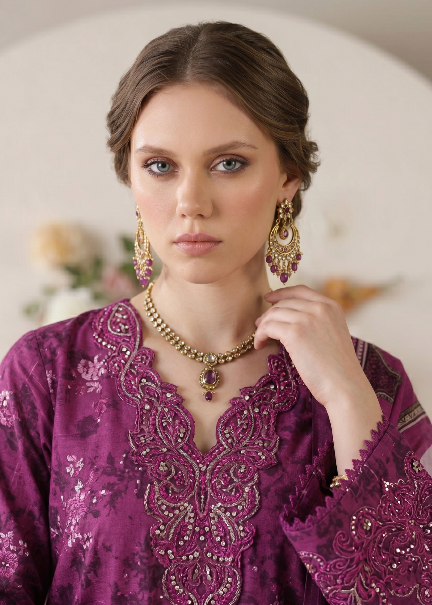 Purple Embroidered Lawn Gharara Suit Online in Dubai UAE Abudhabi Ajman Sharjah