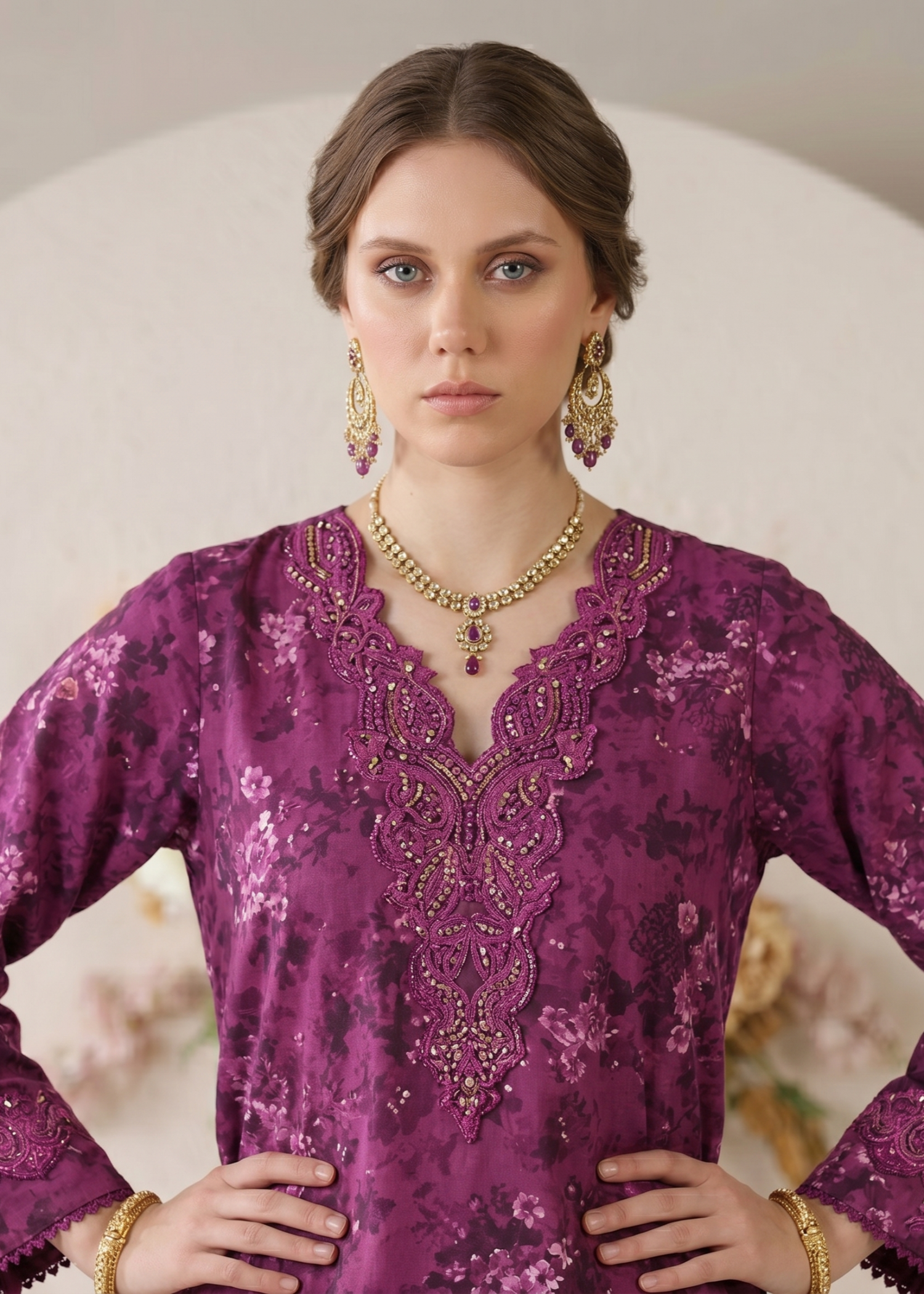 Purple Embroidered Lawn Gharara Suit Online in Dubai UAE Abudhabi Ajman Sharjah