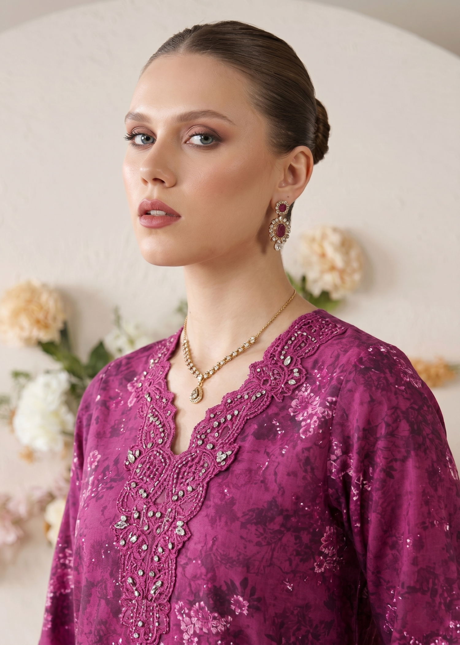 Purple Embroidered Lawn Gharara Suit Online in Dubai UAE Abudhabi Ajman Sharjah