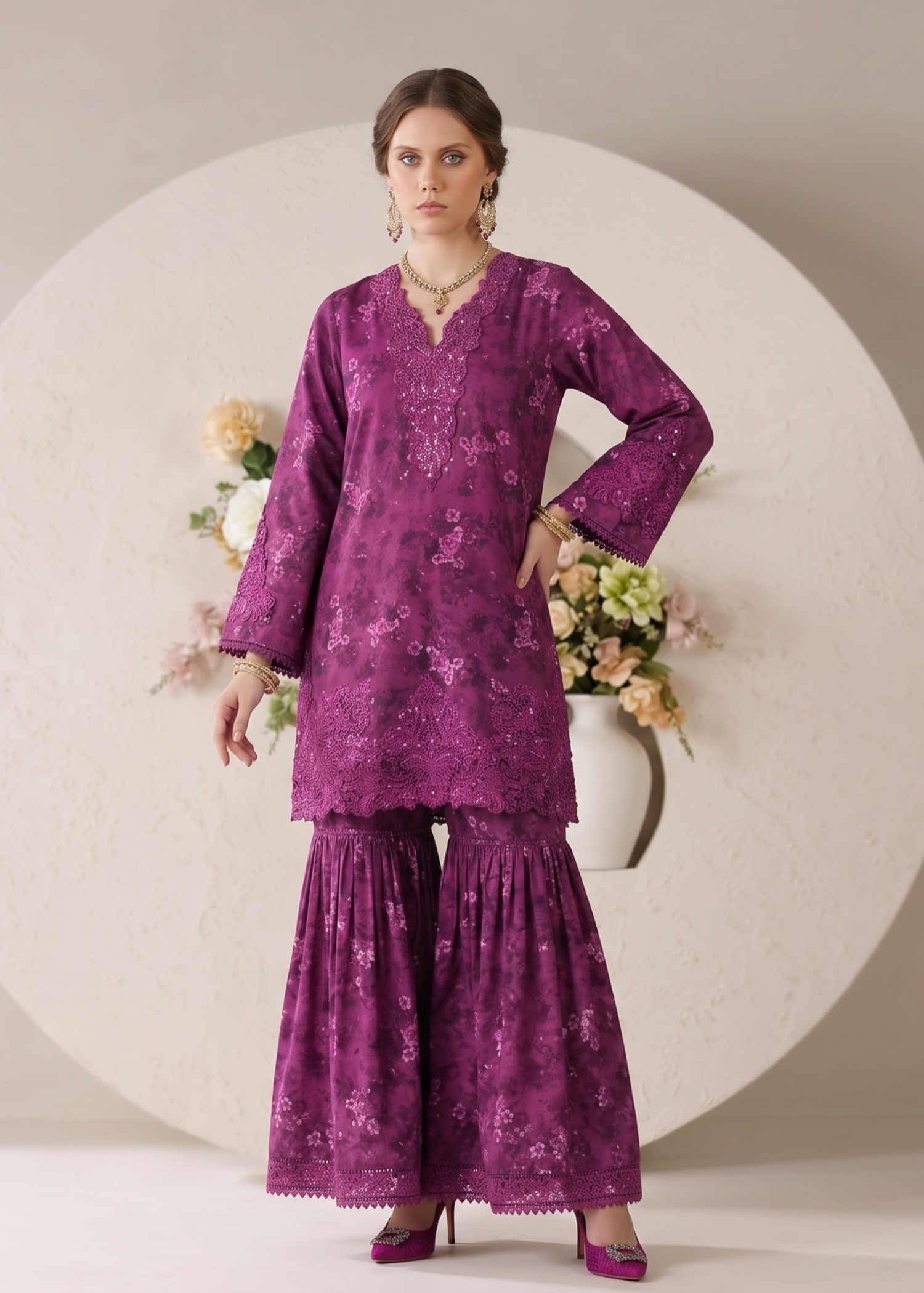 Purple Embroidered Lawn Gharara Suit Online in Dubai UAE Abudhabi Ajman Sharjah