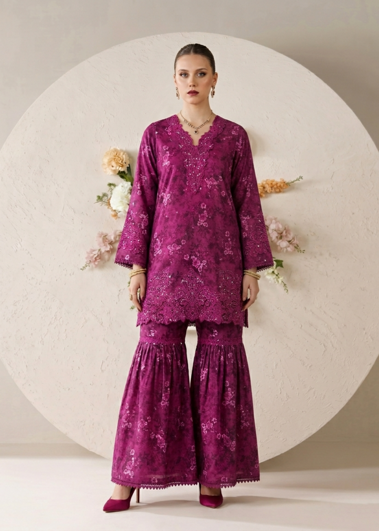 Purple Embroidered Lawn Gharara Suit Online in Dubai UAE Abudhabi Ajman Sharjah