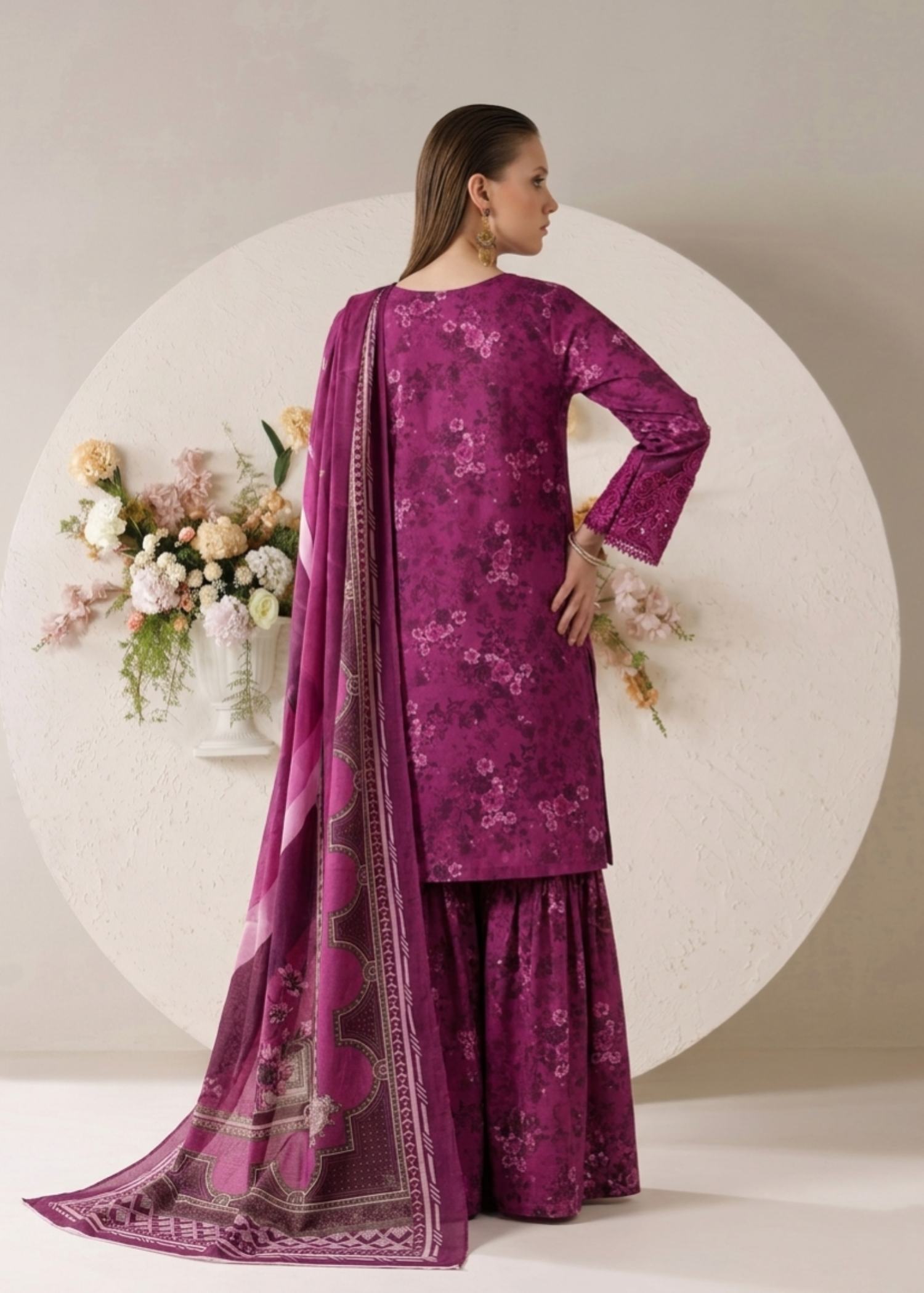 Purple Embroidered Lawn Gharara Suit Online in Dubai UAE Abudhabi Ajman Sharjah