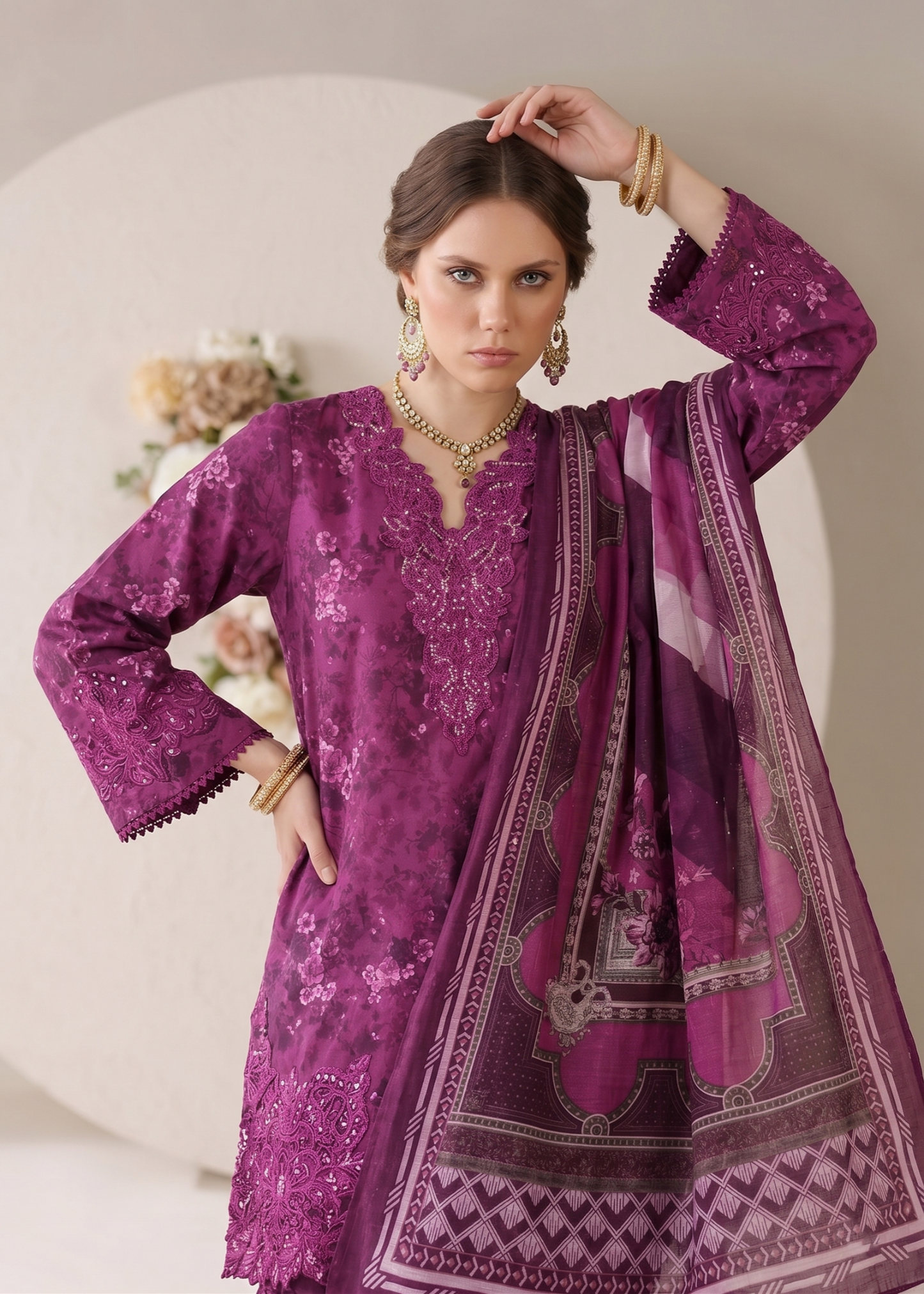 Purple Embroidered Lawn Gharara Suit Online in Dubai UAE Abudhabi Ajman Sharjah