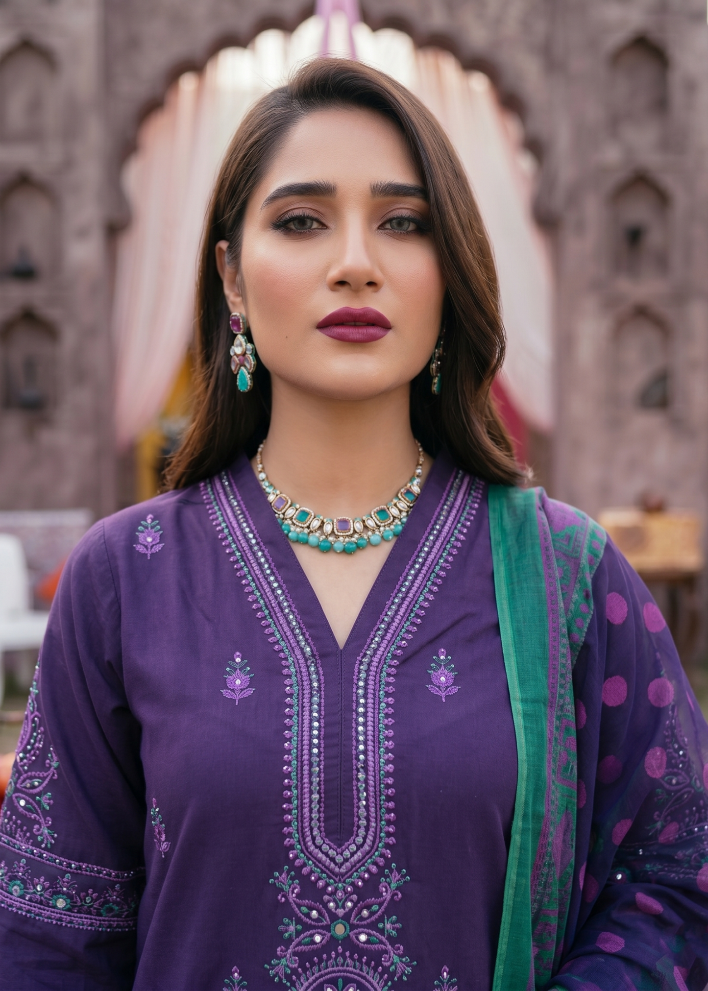 Purple Embroidered Lawn Pakistani Designer Suit Online in KSA Riyadh Saudi Arabia Oman Bahrain Qatar