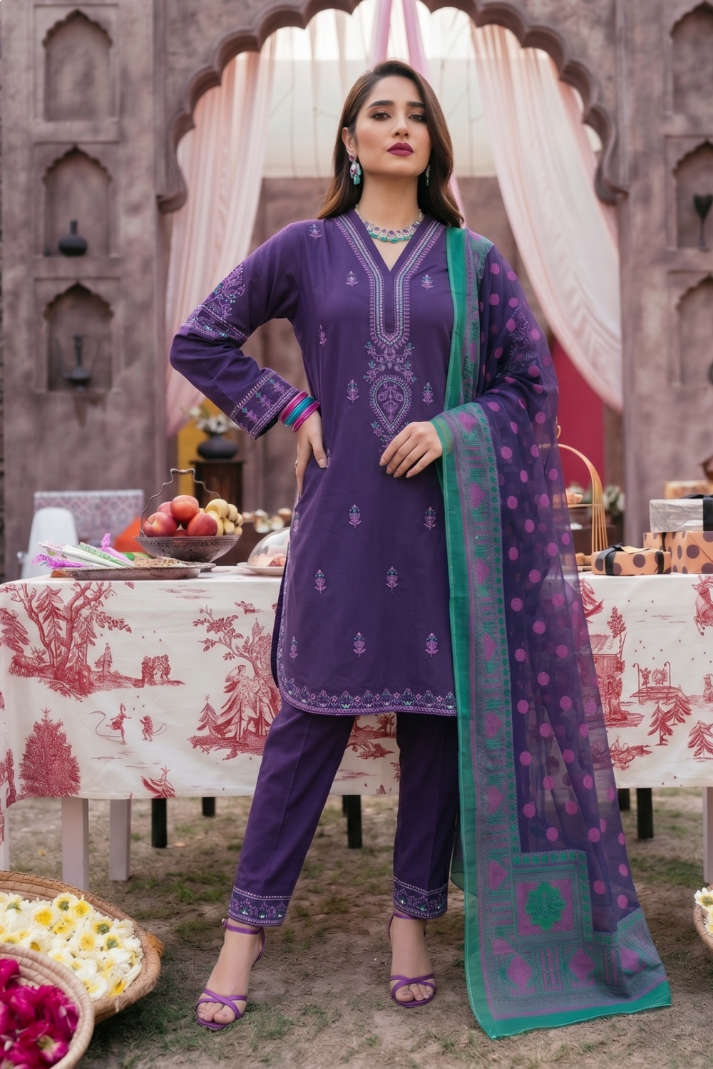 Purple Embroidered Lawn Party Wear Suit Online in Dubai UAE Abudhabi Ajman Sharjah