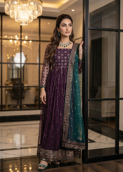 Purple Embroidered Net Pishwas Ladies Suit Online in UK USA Canada