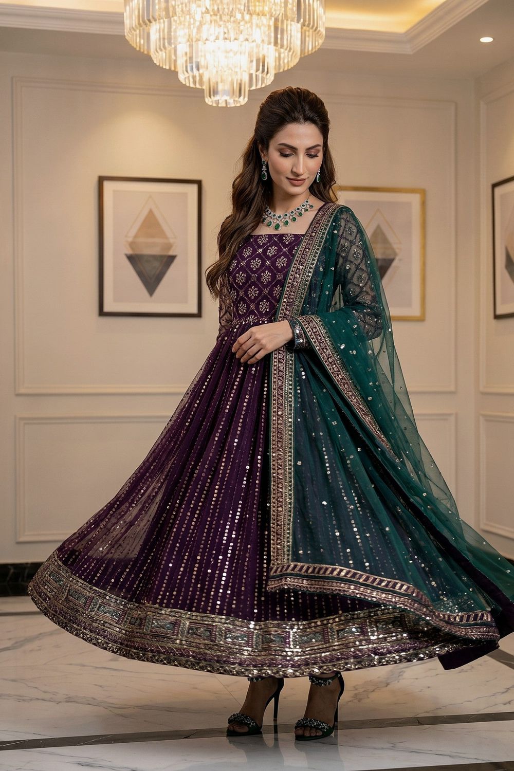 Purple Embroidered Net Pishwas Suit Online in Dubai UAE Abudhabi Ajman Sharjah