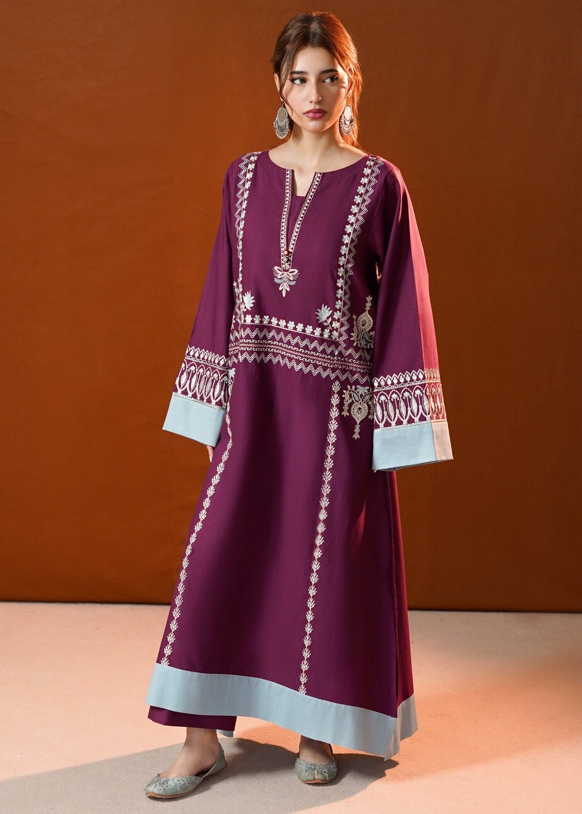 Purple Embroidered Slub Khaddar Kaftan Online in Sri Lanka India Australia