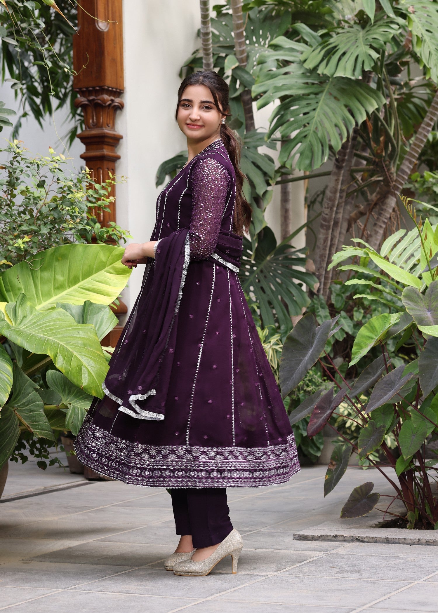 Purple Flared Pishwas with Crepe Trouser Online in UK USA Canada