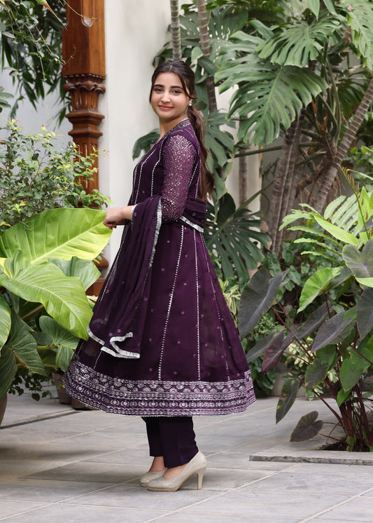Purple Flared Pishwas with Crepe Trouser Online in UK USA Canada