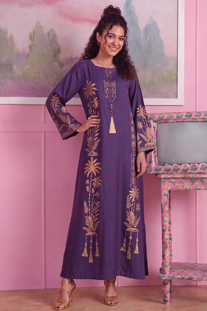 Purple Heart Embellished Linen Kaftan Online in Dubai UAE Abudhabi Ajman Sharjah