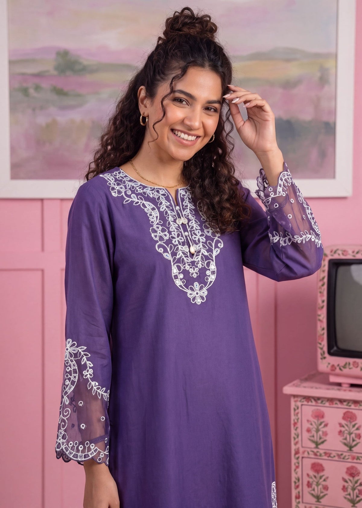 Purple Heart Patchwork Dhanak Kurta Set Online in Dubai DXB UAE Abudhabi Meena Bazaar