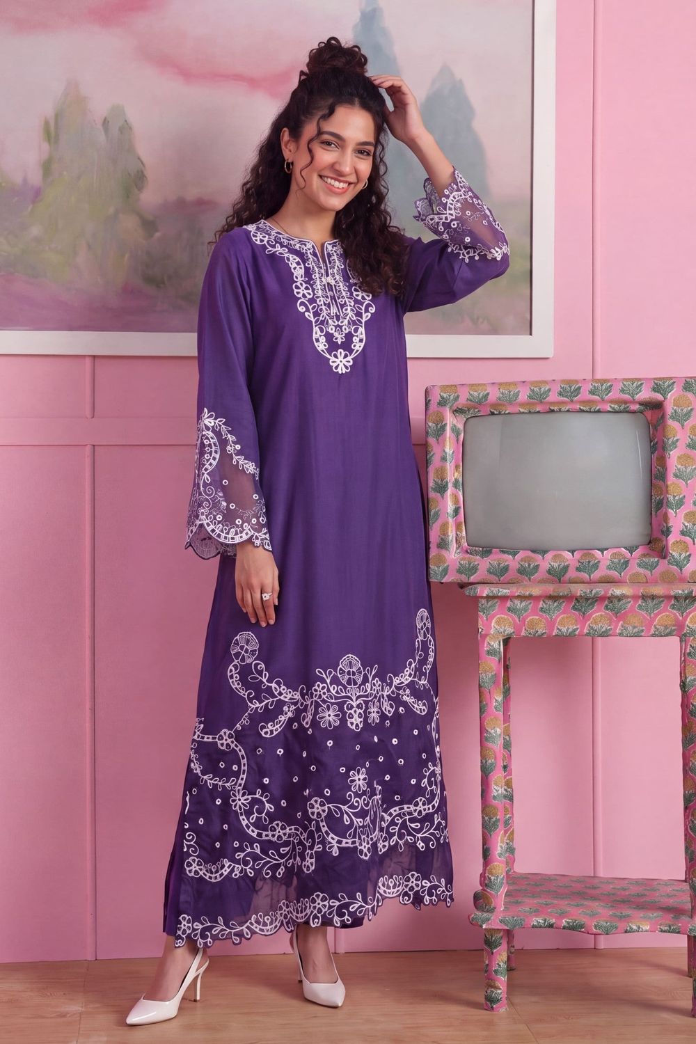 Purple Heart Patchwork Dhanak Kurta Set Online in Dubai UAE Abudhabi Ajman Sharjah