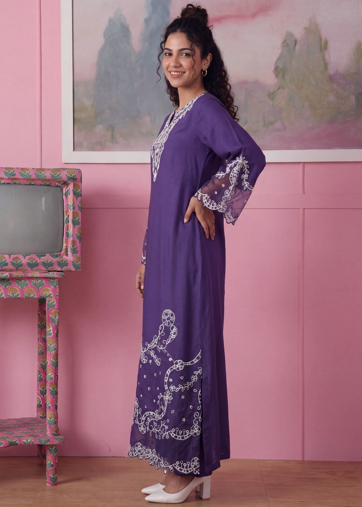Purple Heart Patchwork Dhanak Kurta Set Online in Dubai UAE Abudhabi Ajman Sharjah