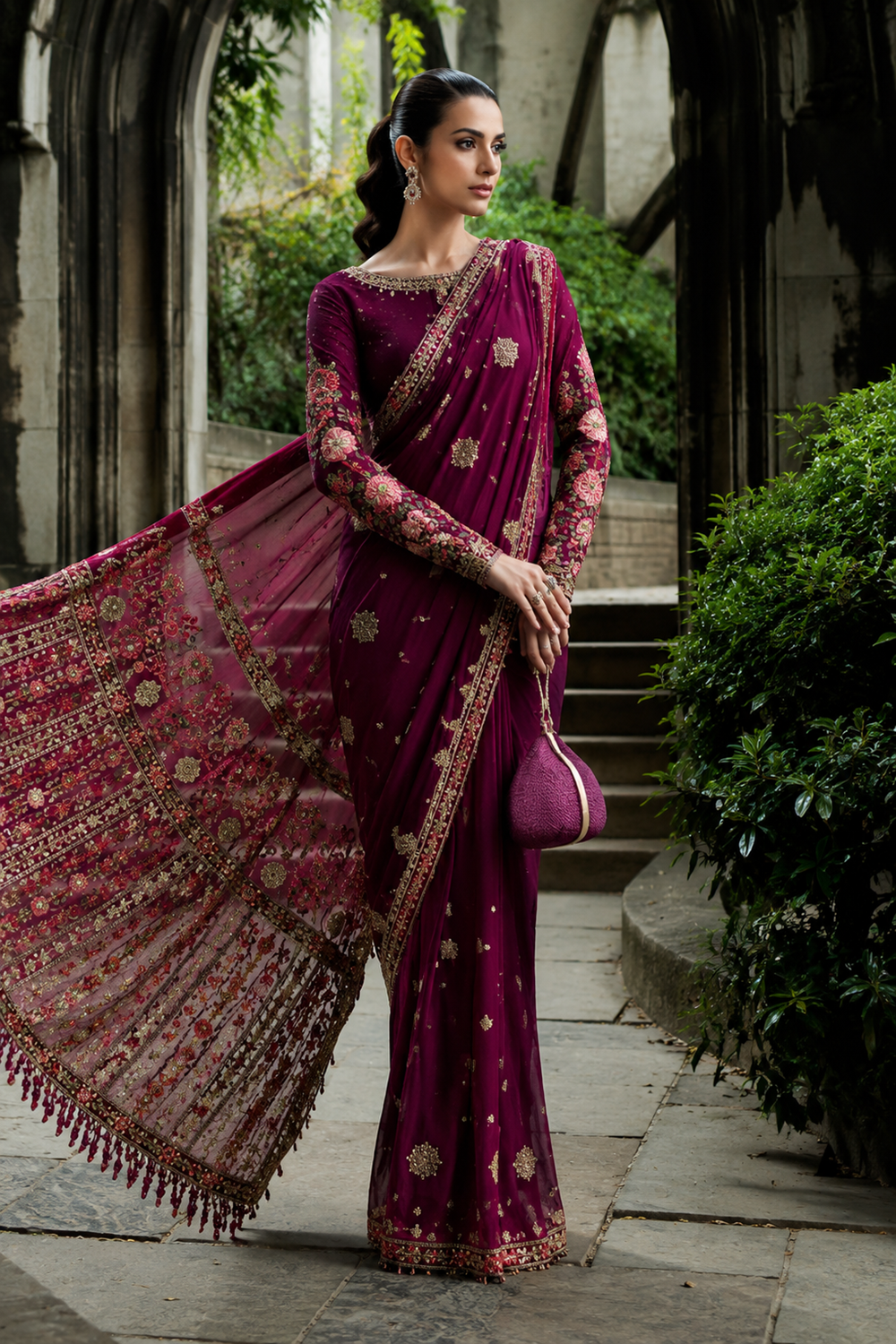 Purple Mahroon Embellished Chiffon Saree Online in Dubai UAE Abudhabi Ajman Sharjah