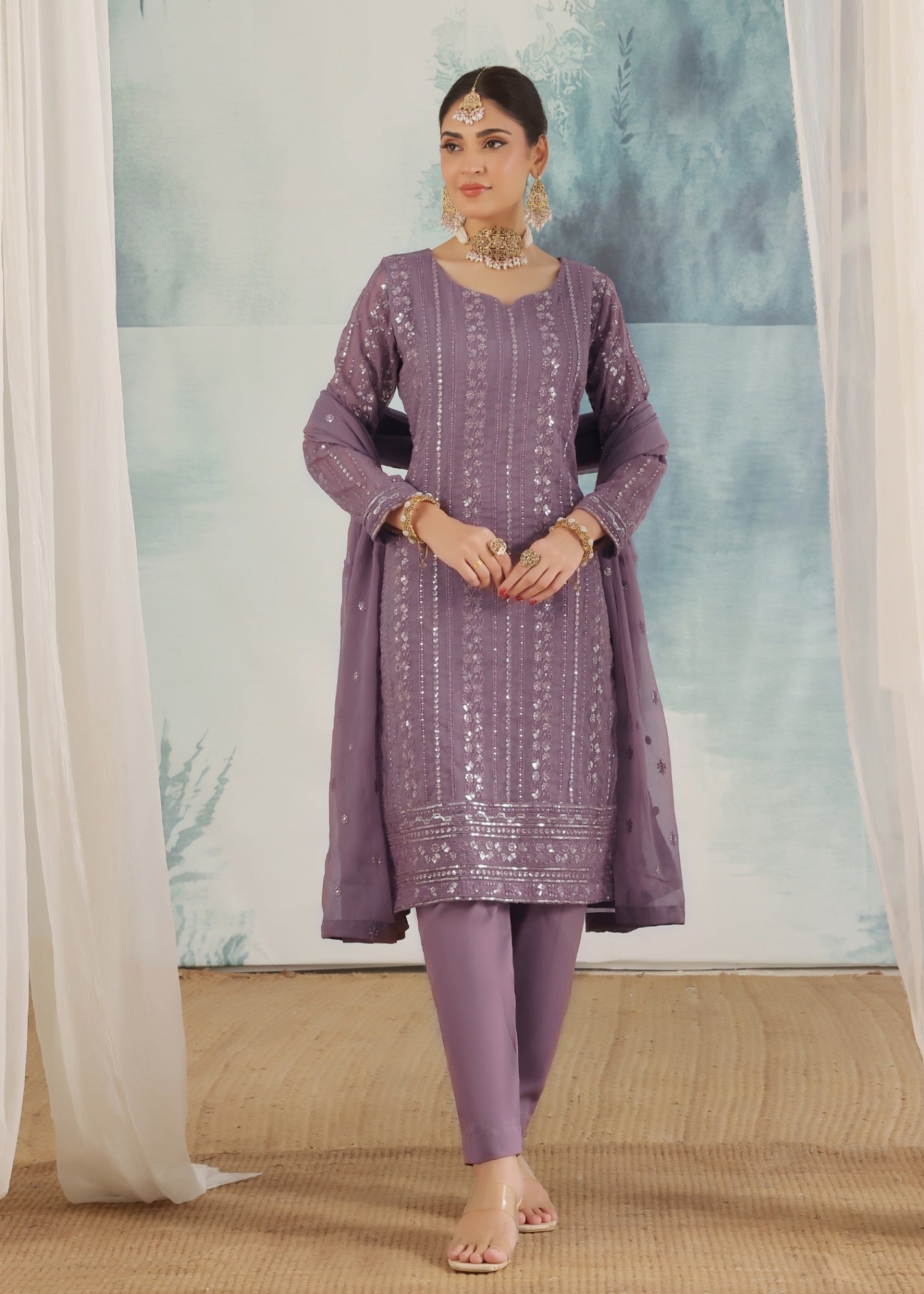 Purple Mountain Majesty Chiffon Kurta Set Online in Dubai DXB UAE Abudhabi Meena Bazaar