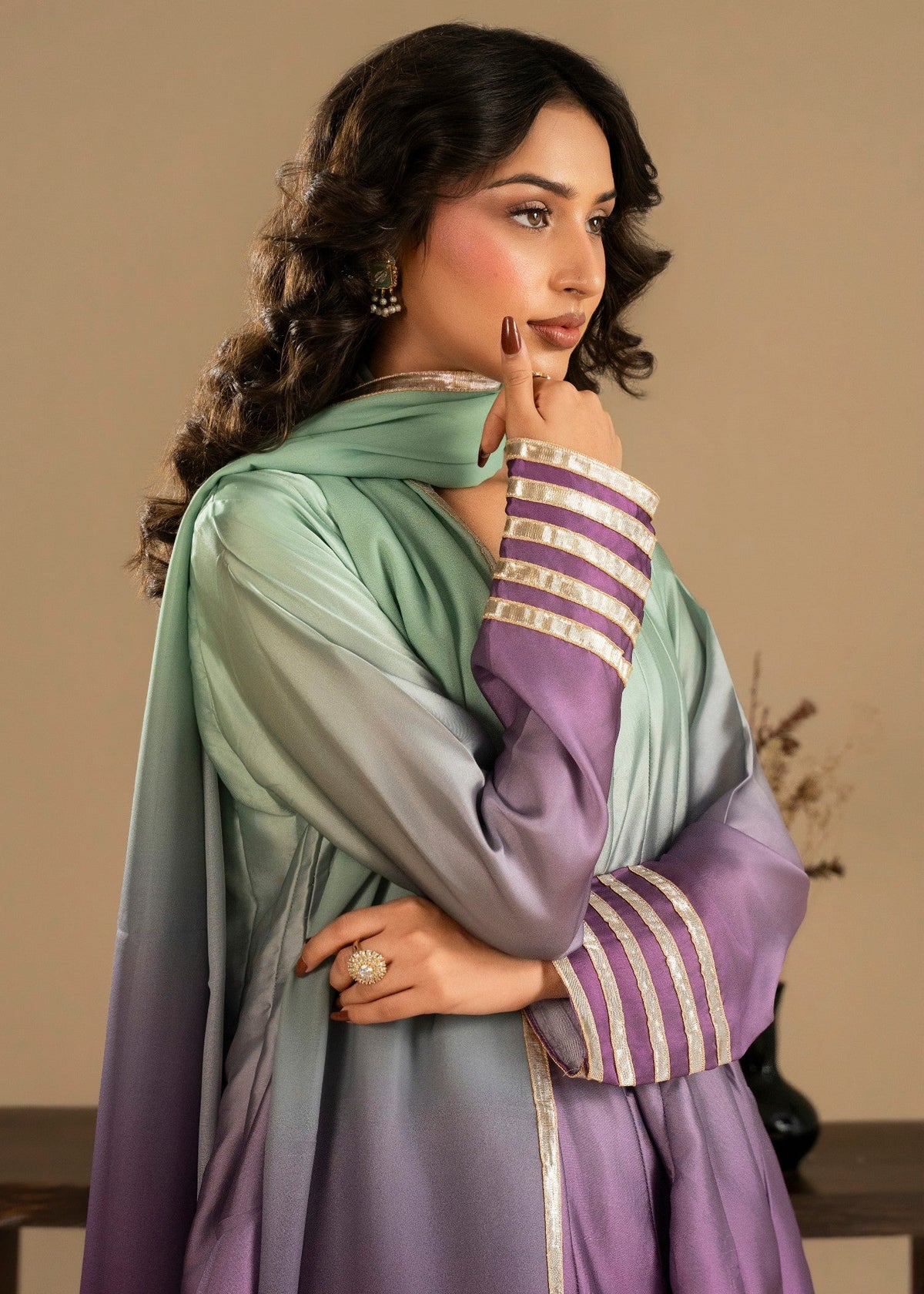 Purple Mountain Majesty Gota Work Silk Pakistani Designer Suit Online in KSA Riyadh Saudi Arabia Oman Bahrain Qatar
