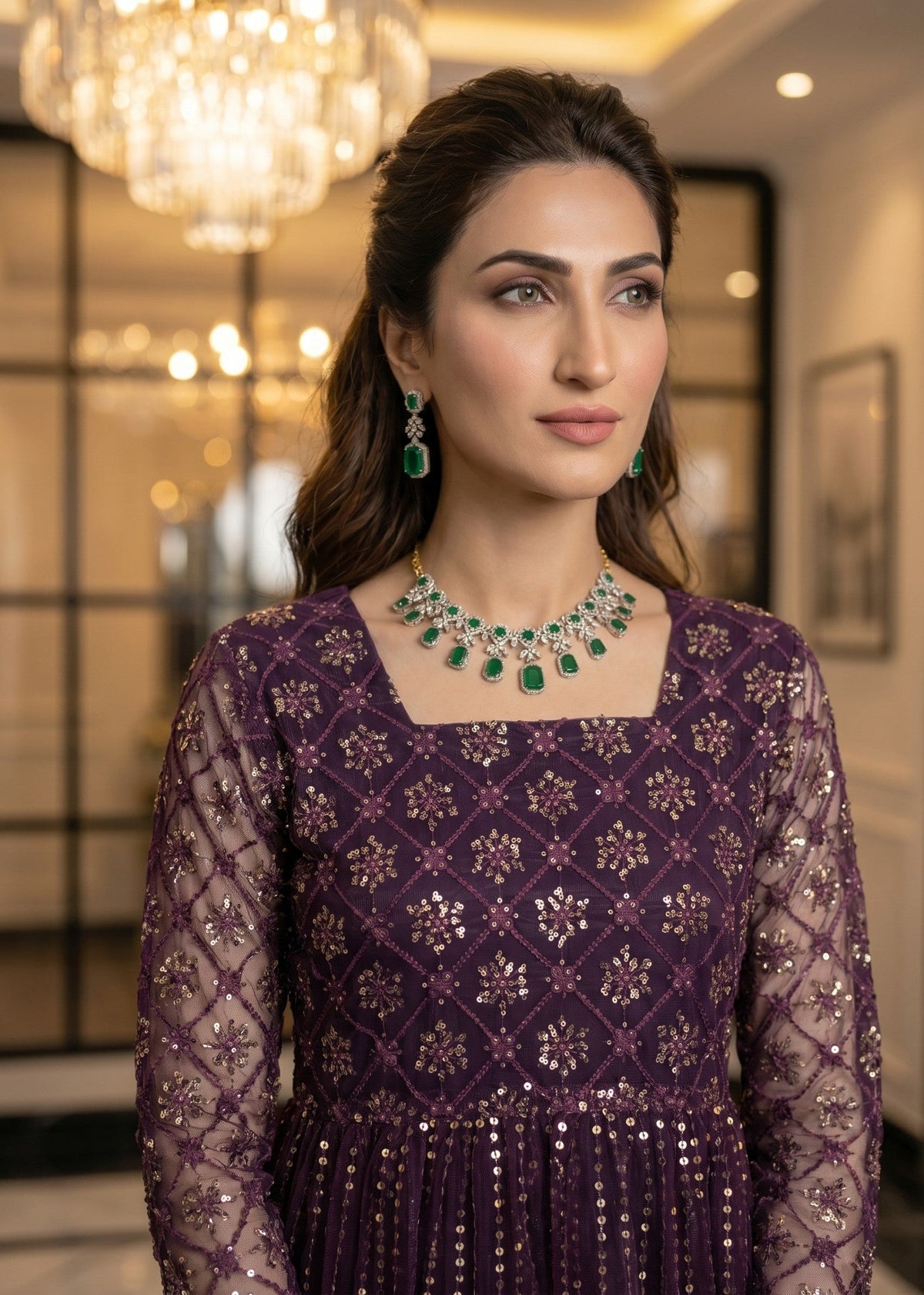 Purple Net Pishwas Suit with Embroidery Online in UK USA Canada