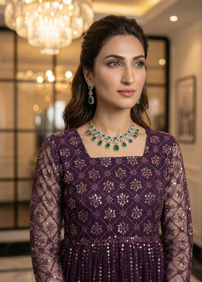 Purple Net Pishwas Suit with Embroidery Online in UK USA Canada