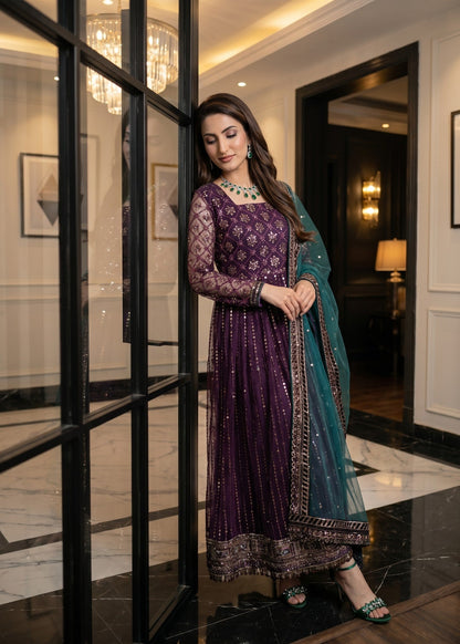 Purple Net Pishwas with Embroidery Online in Dubai UAE Abudhabi Ajman Sharjah