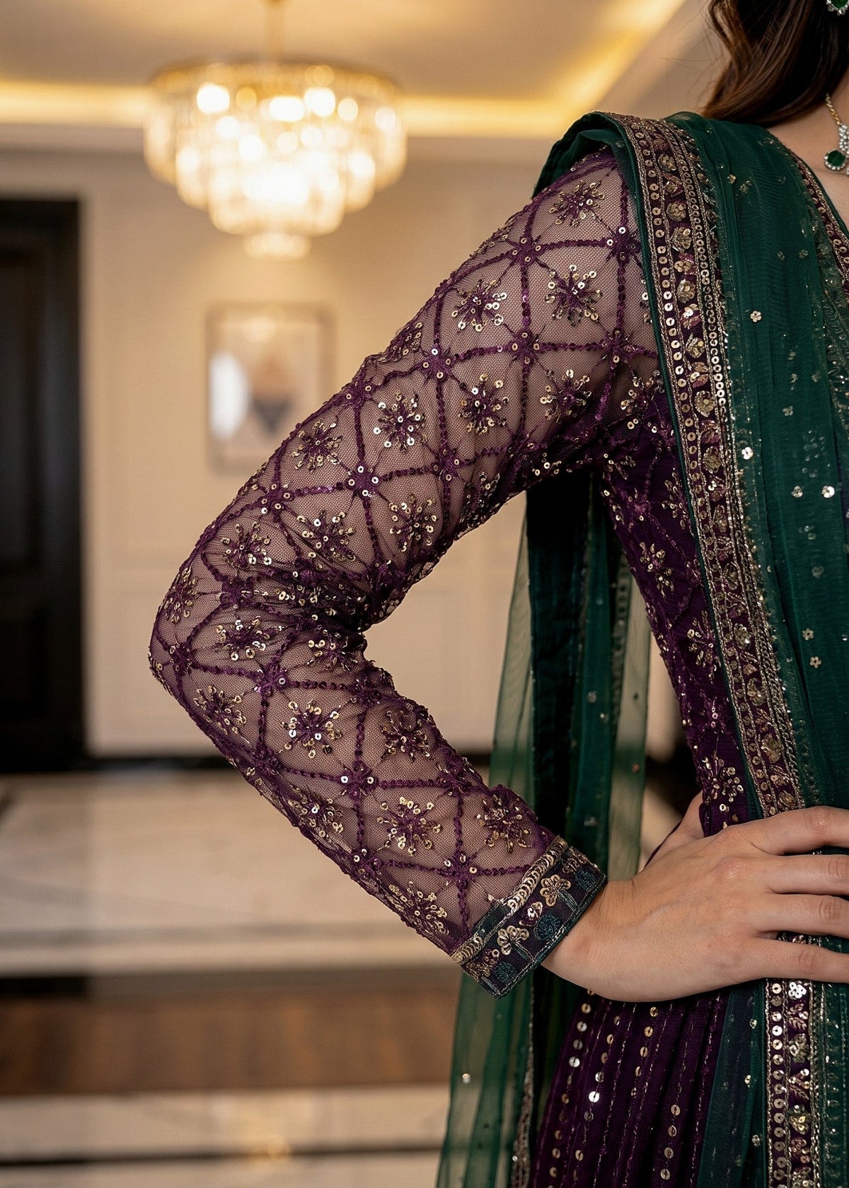 Purple Pishwas with Net Embroidery Online in Dubai DXB UAE Abudhabi Meena Bazaar
