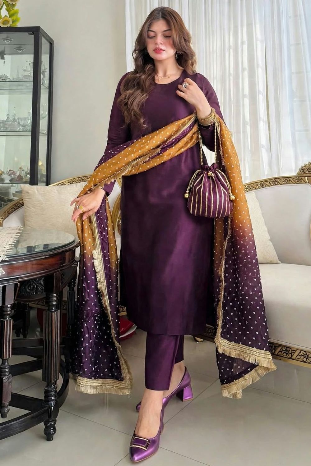 Purple Silk Chunri Print Pakistani Suit Online in Dubai UAE Abudhabi Ajman Sharjah