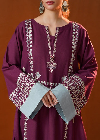 Purple Slub Khaddar Kaftan Pakistani Suit Online in KSA Riyadh Saudi Arabia Oman Bahrain Qatar