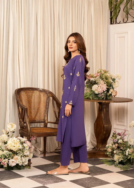 Purple Embroidered Cotton Kurta Set