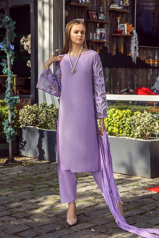 Purple Readymade Pure Cotton Suit with Cut-Work Sleeves