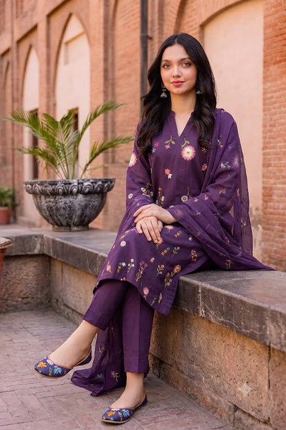Purple Embroidered Lawn Suit with Chiffon Dupatta