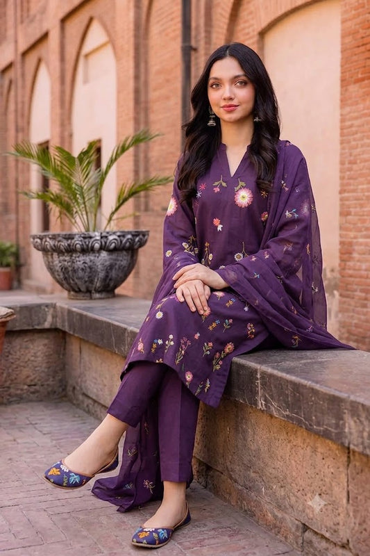 Purple Embroidered Lawn Suit with Chiffon Dupatta