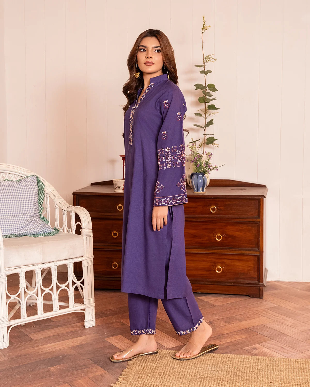 Purple Embroidered Cotton Kurta Set