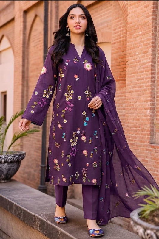 Purple Embroidered Lawn Suit with Chiffon Dupatta