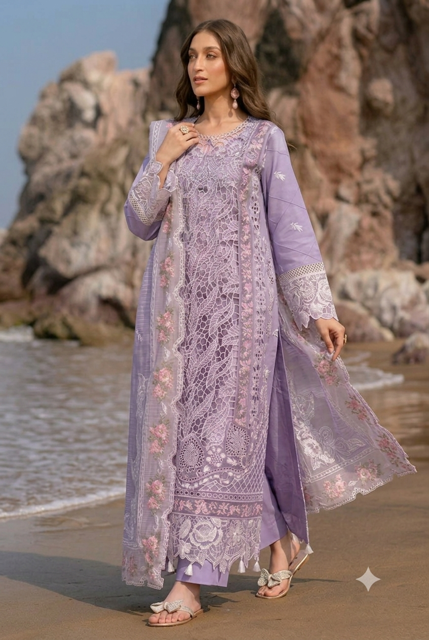 Mauve Purple Chikankari Embroidered Laser Cut Luxury Lawn Suit