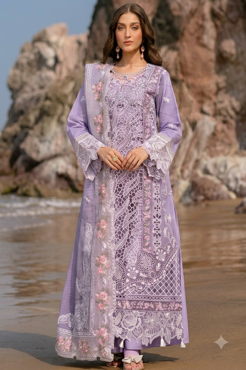 Mauve Purple Chikankari Embroidered Laser Cut Luxury Lawn Suit