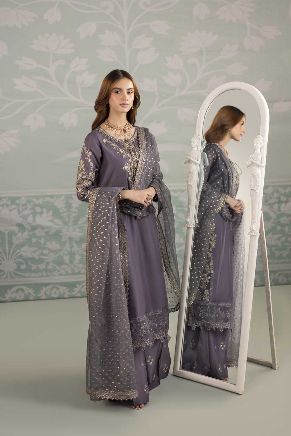 Mauve Raw Silk Suit with Hand Embellished Neckline