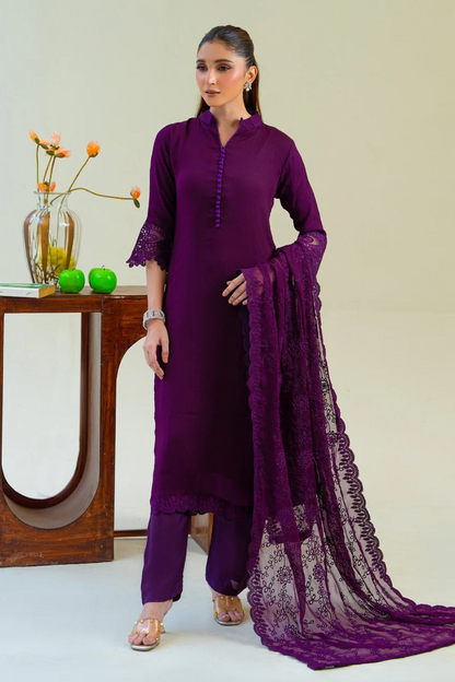 Plum Purple Chiffon Partywear Suit with Chikankari Embroidered Dupatta