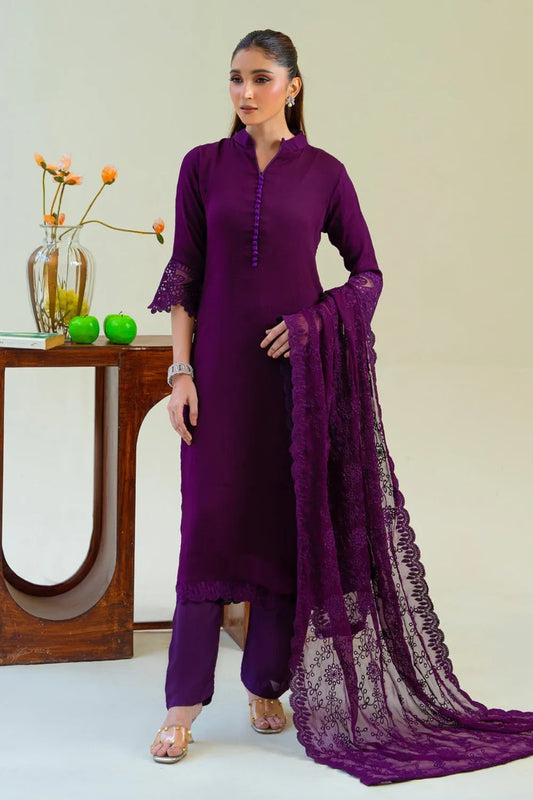 Plum Purple Chiffon Partywear Suit with Chikankari Embroidered Dupatta
