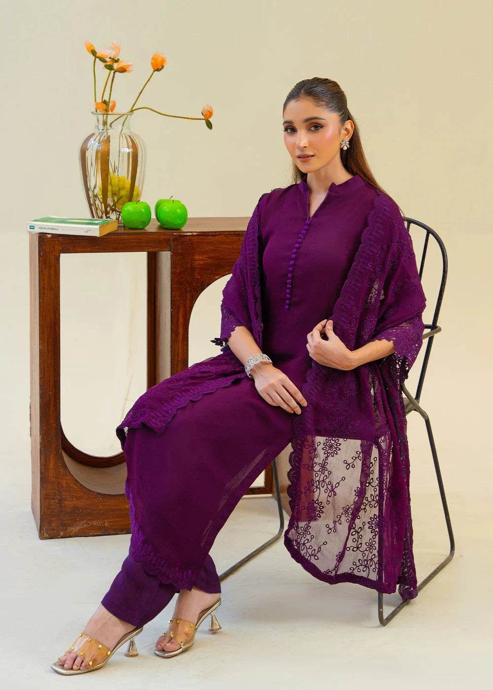 Plum Purple Chiffon Partywear Suit with Chikankari Embroidered Dupatta