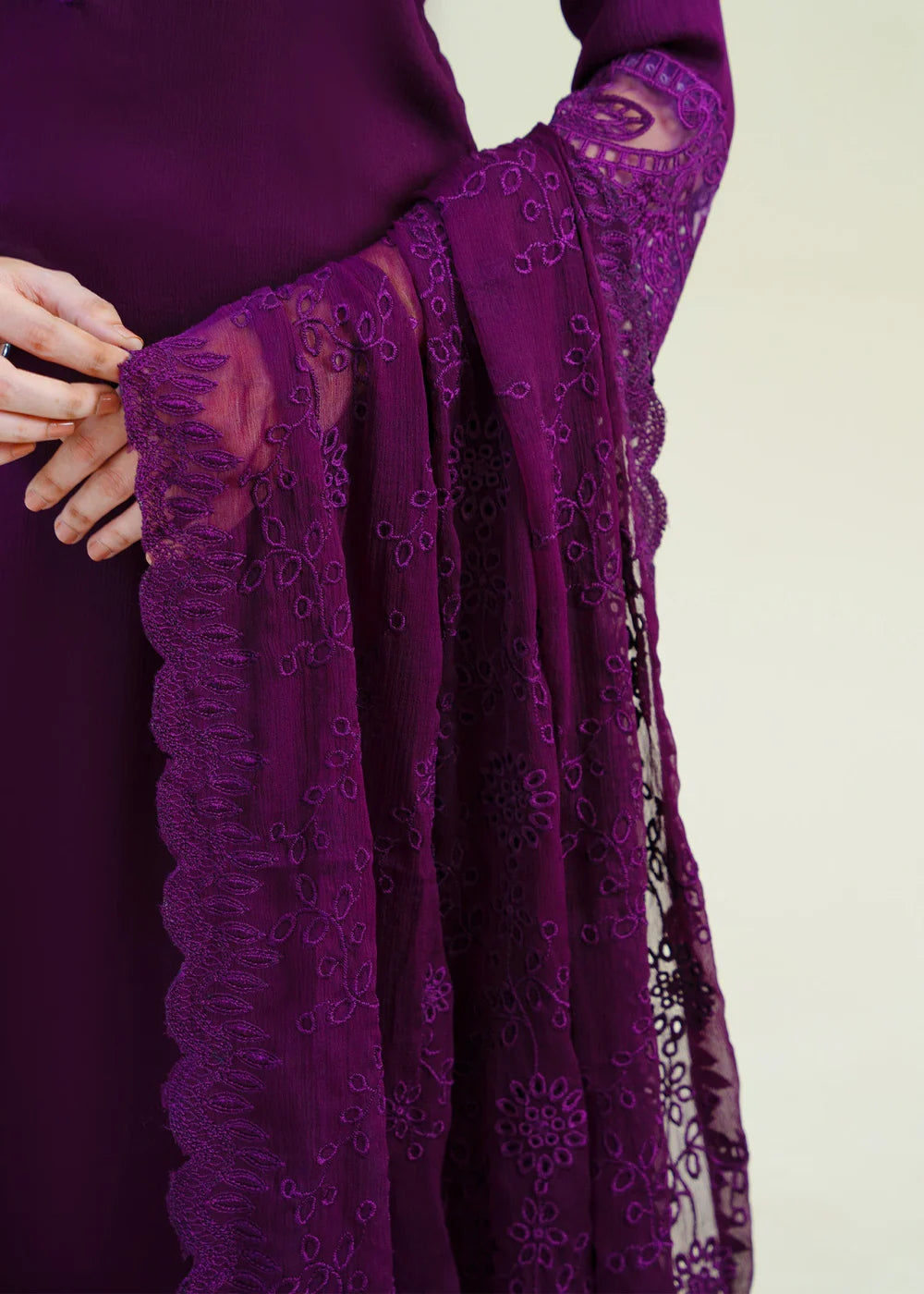 Plum Purple Chiffon Partywear Suit with Chikankari Embroidered Dupatta