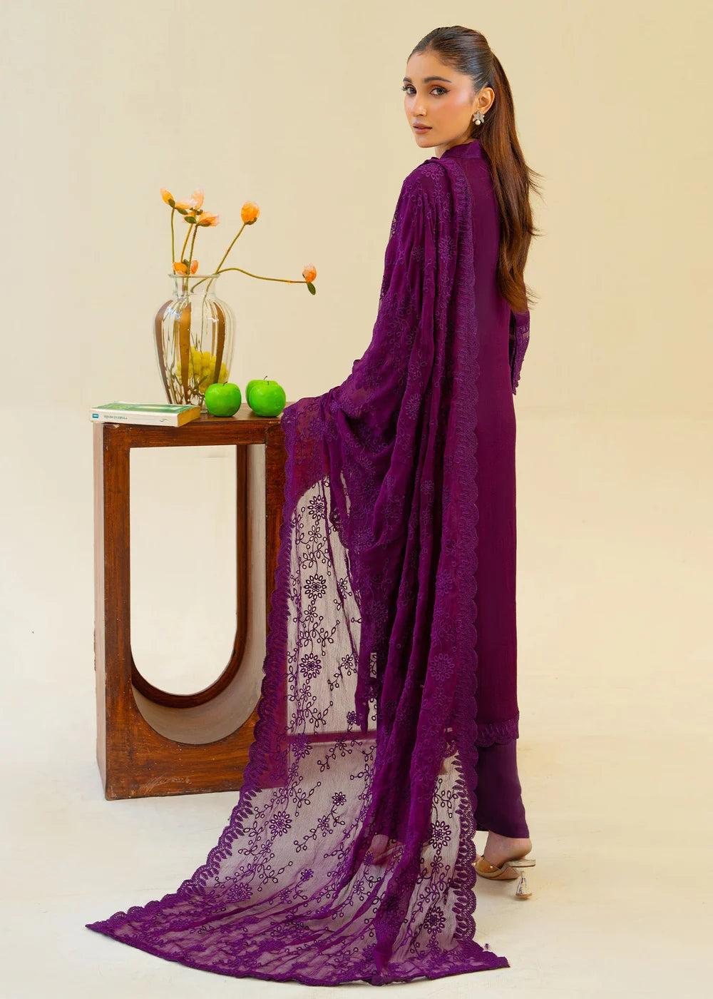 Plum Purple Chiffon Partywear Suit with Chikankari Embroidered Dupatta