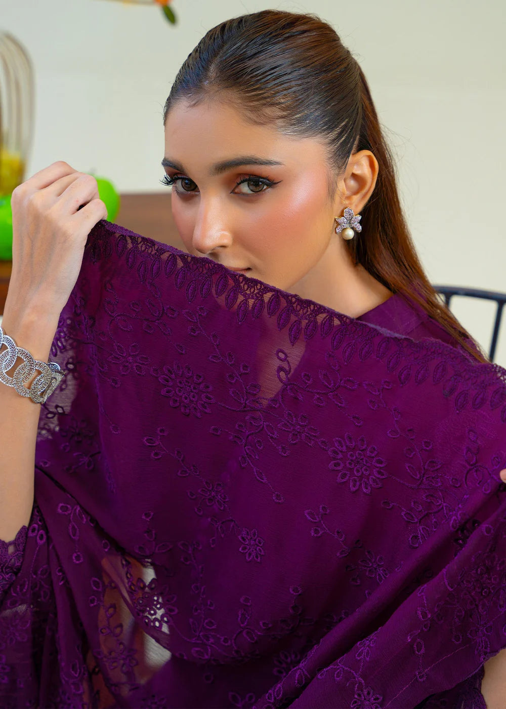 Plum Purple Chiffon Partywear Suit with Chikankari Embroidered Dupatta