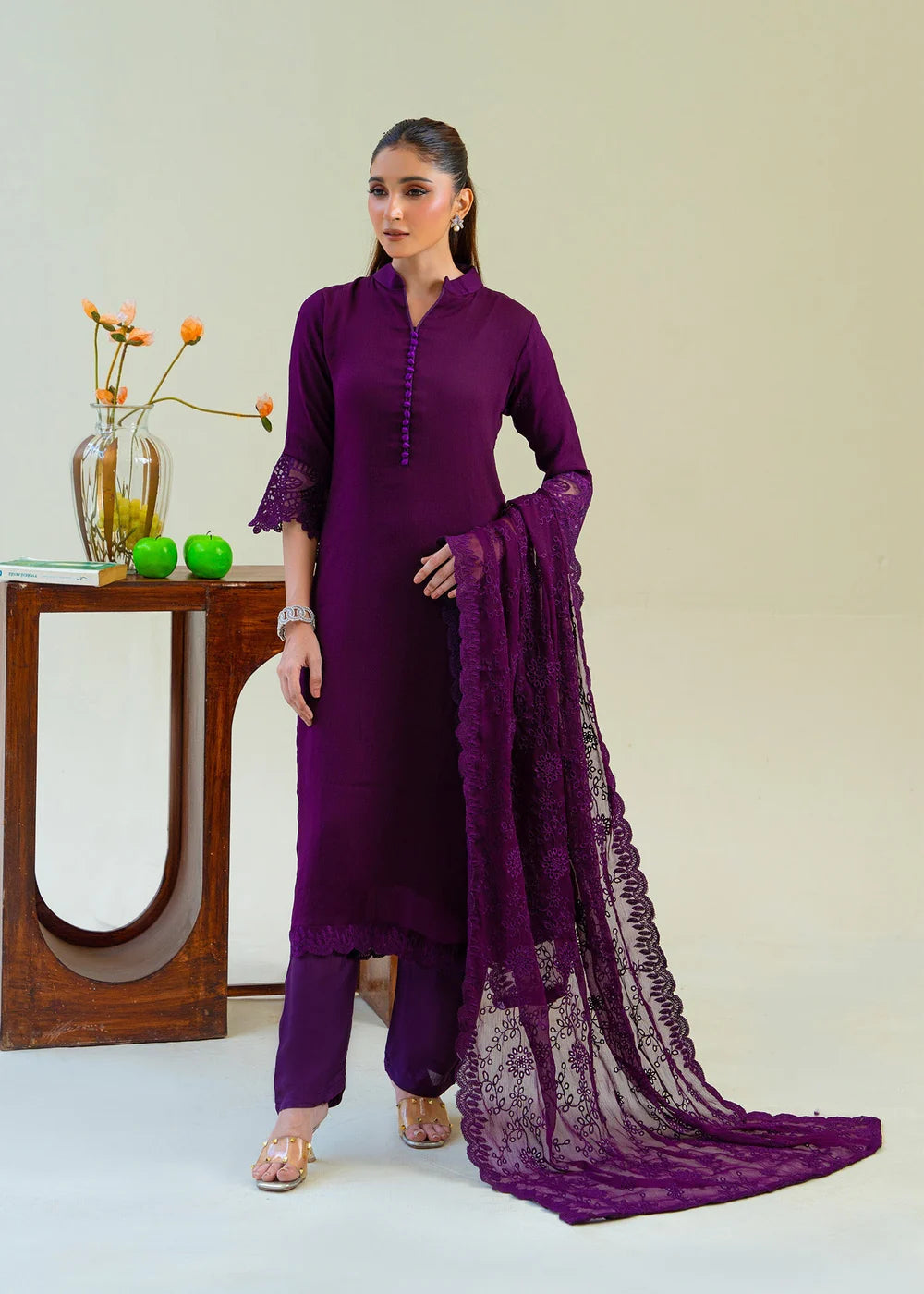 Plum Purple Chiffon Partywear Suit with Chikankari Embroidered Dupatta