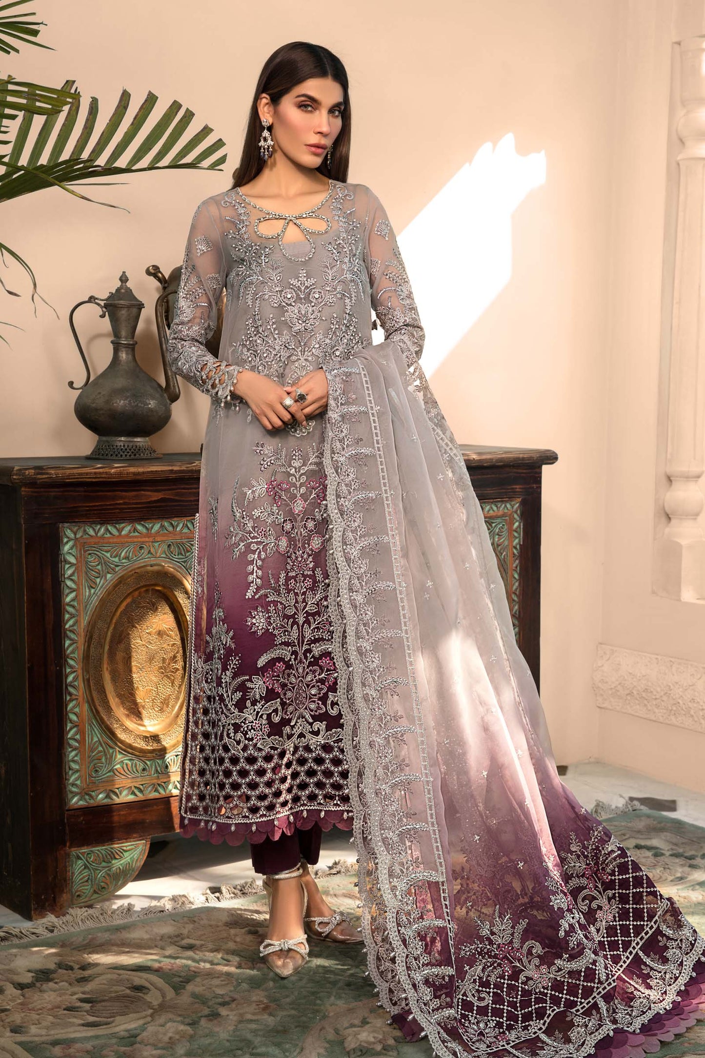 Plum Embroidered Organza Suit